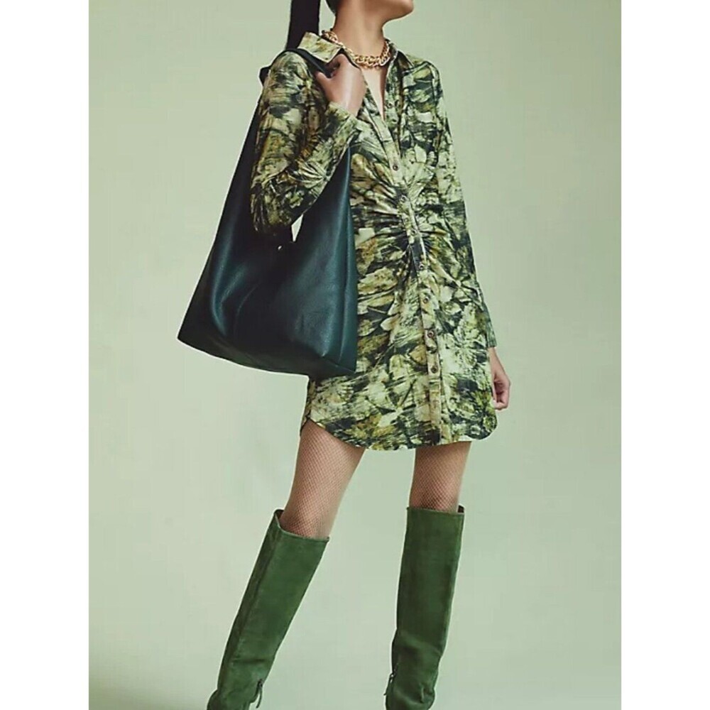 Anthropologie Pilcro Ruched Corduroy Shirt Dress Green Print Size 2